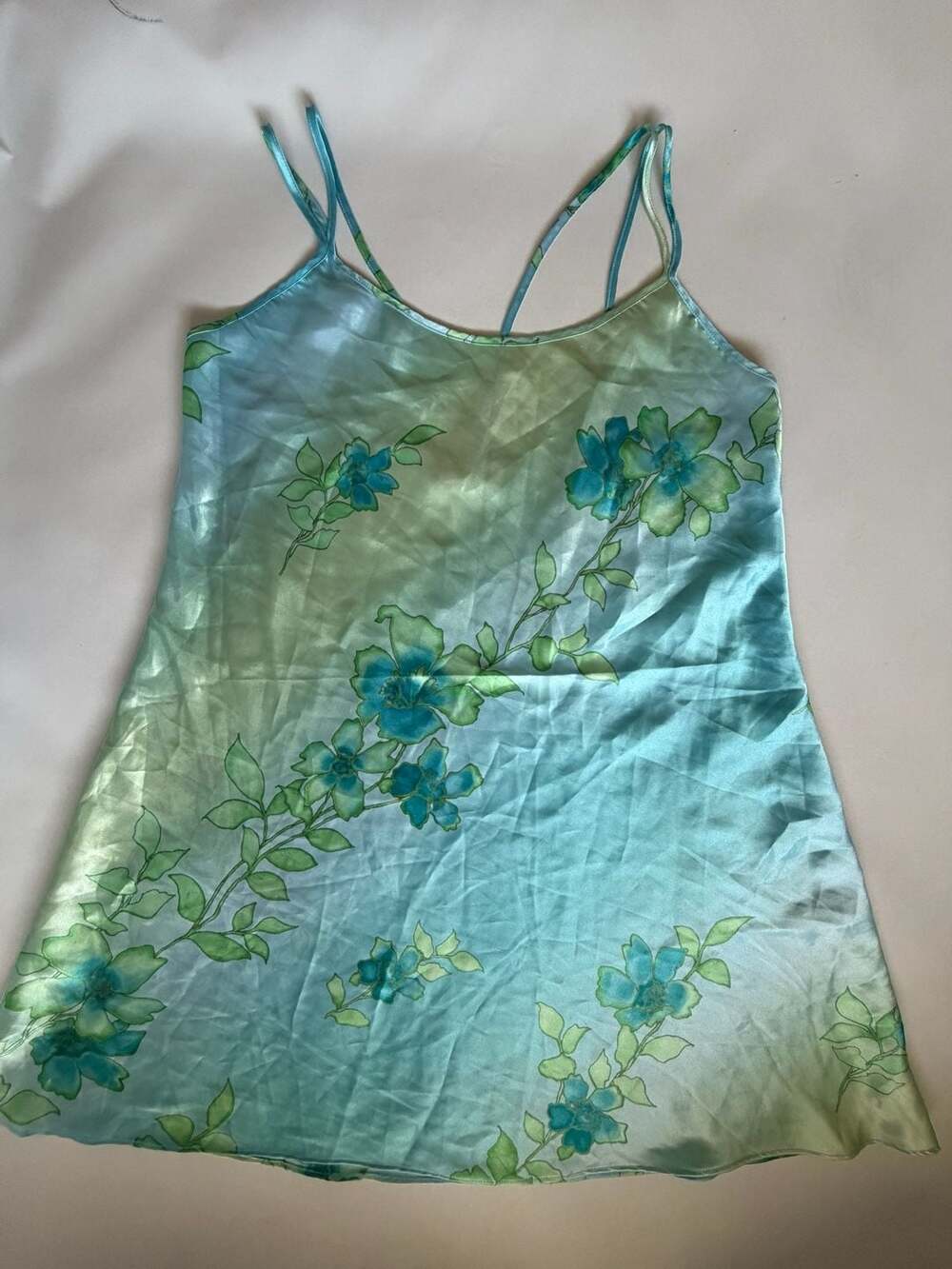 Inner Most Cami M/L Blue Green Floral Satin Y2K Slip Top
